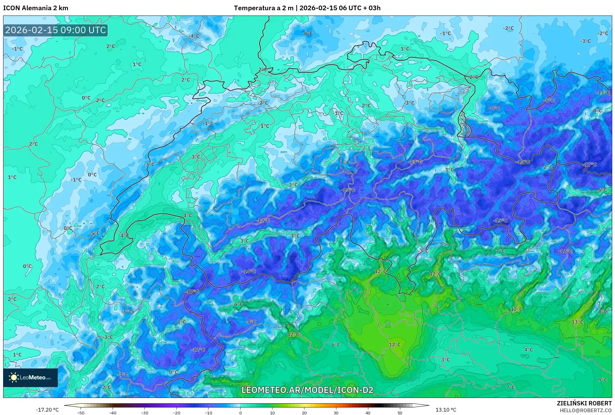 ICON Alemania 2 km model - Suiza, Temperatura a 2 m