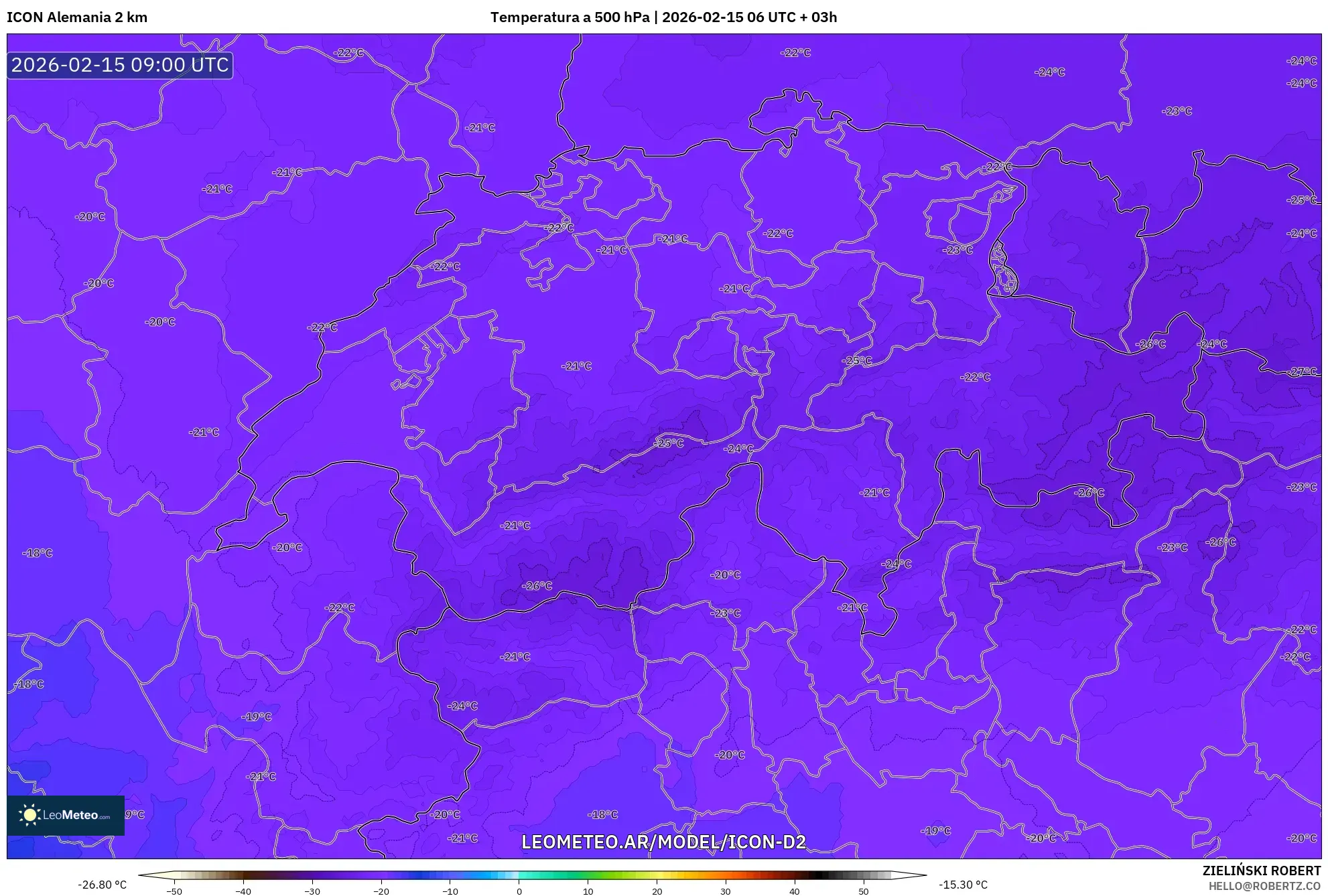 ICON Alemania 2 km model - Suiza, Temperatura a 500 hPa