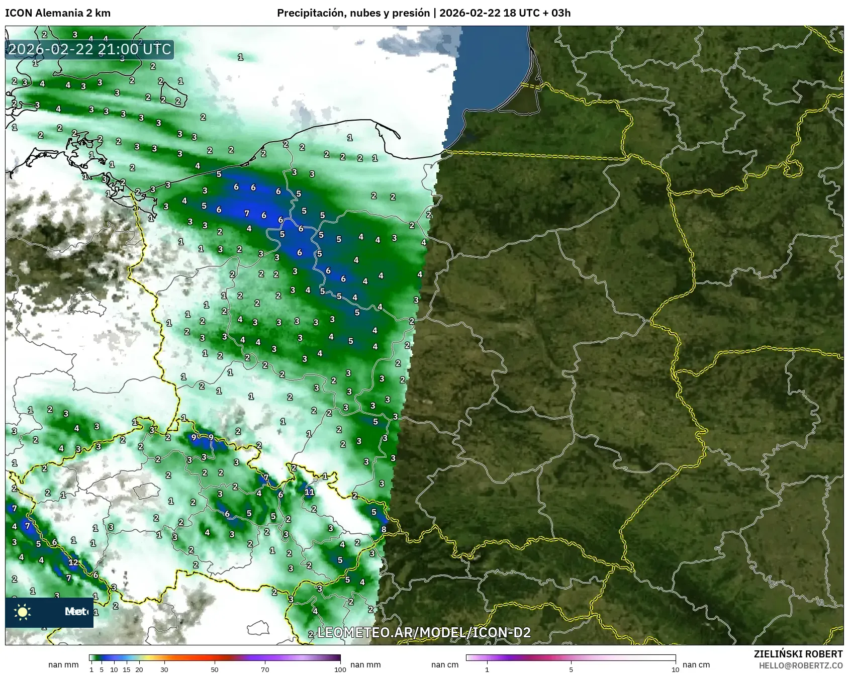 ICON Niemcy 2 km model - Polska, Opady, chmury i ciśnienie