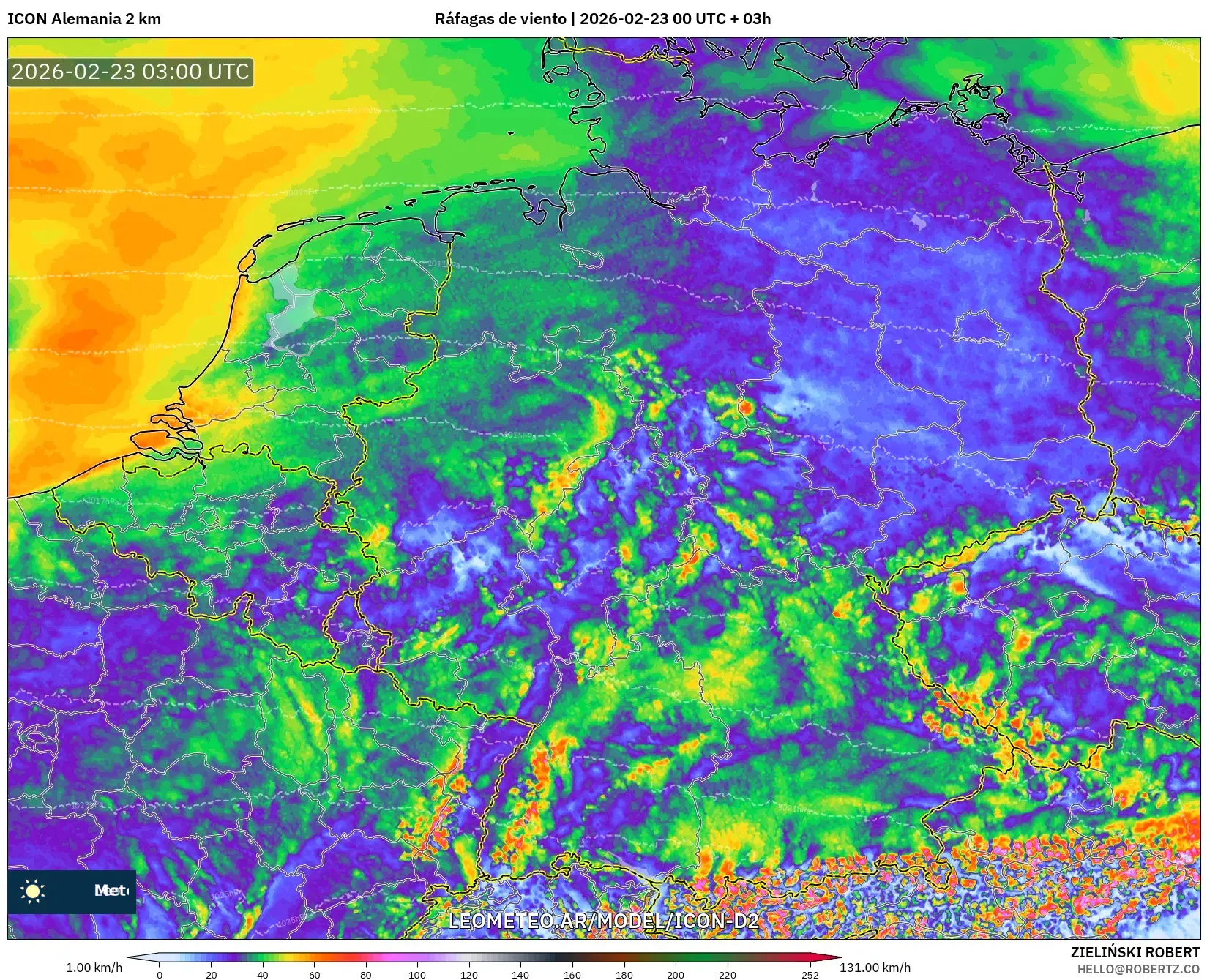 ICON Niemcy 2 km model - Niemcy, Porywy wiatru