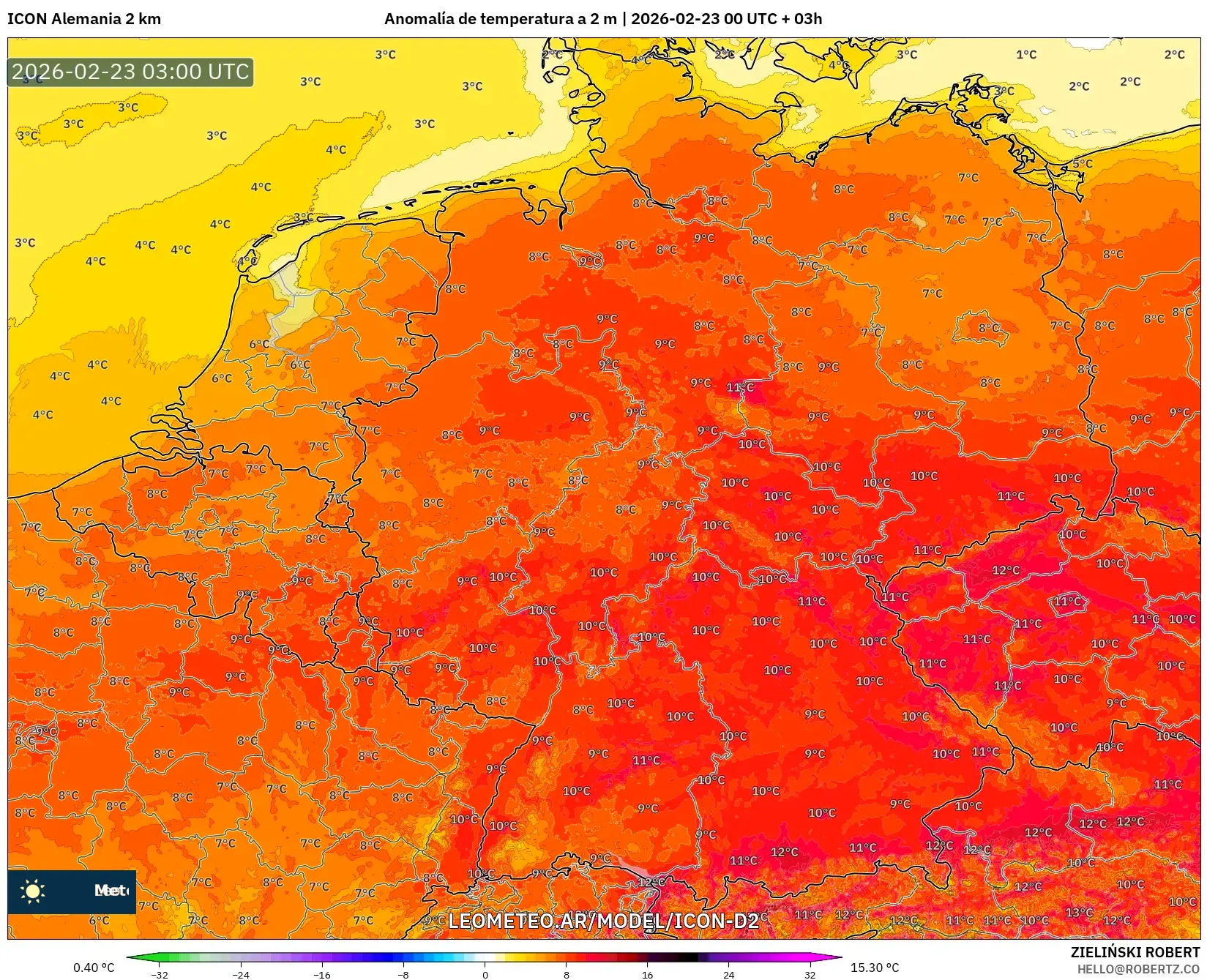 ICON Niemcy 2 km model - Niemcy, Anomalia temperatury na 2 m