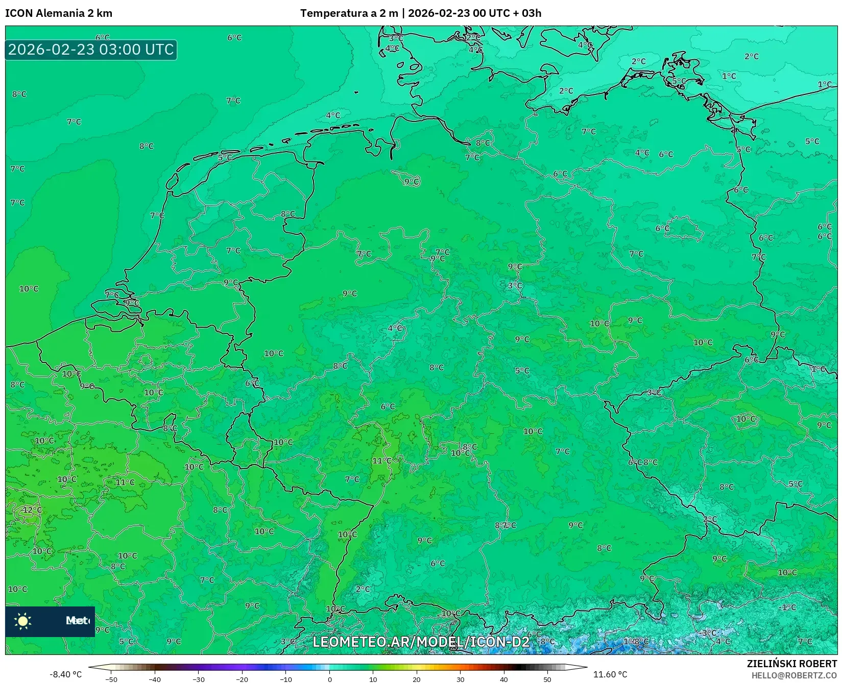 ICON Niemcy 2 km model - Niemcy, Temperatura na 2 m