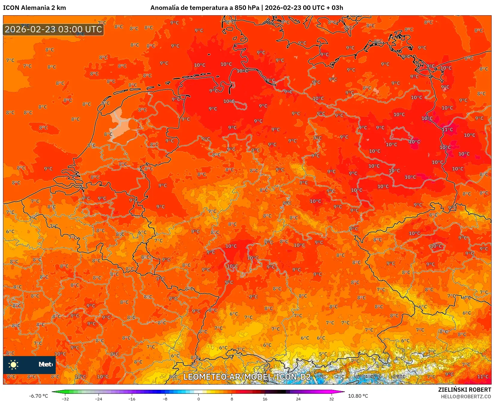 ICON Niemcy 2 km model - Niemcy, Anomalia temperatury na 850 hPa
