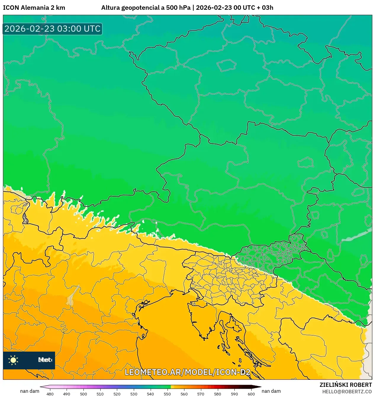 ICON Niemcy 2 km model - Austria, Wysokość geopotencjalna na poziomie 500 hPa