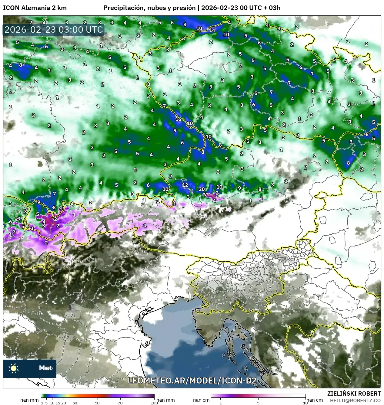 ICON Niemcy 2 km model - Austria, Opady, chmury i ciśnienie