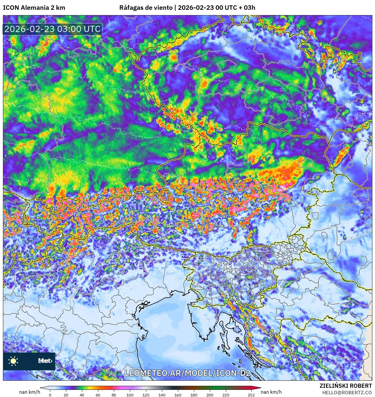 ICON Niemcy 2 km model - Austria, Porywy wiatru