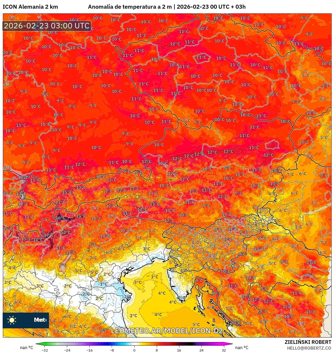 ICON Niemcy 2 km model - Austria, Anomalia temperatury na 2 m