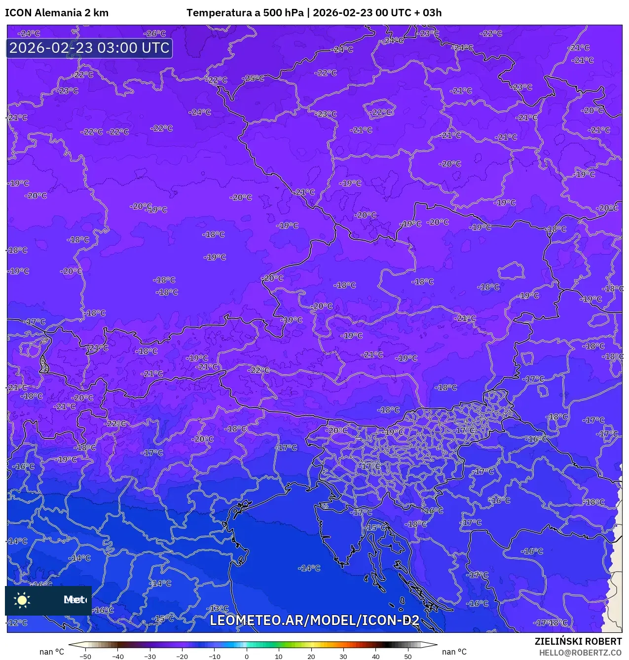 ICON Niemcy 2 km model - Austria, Temperatura na 500 hPa