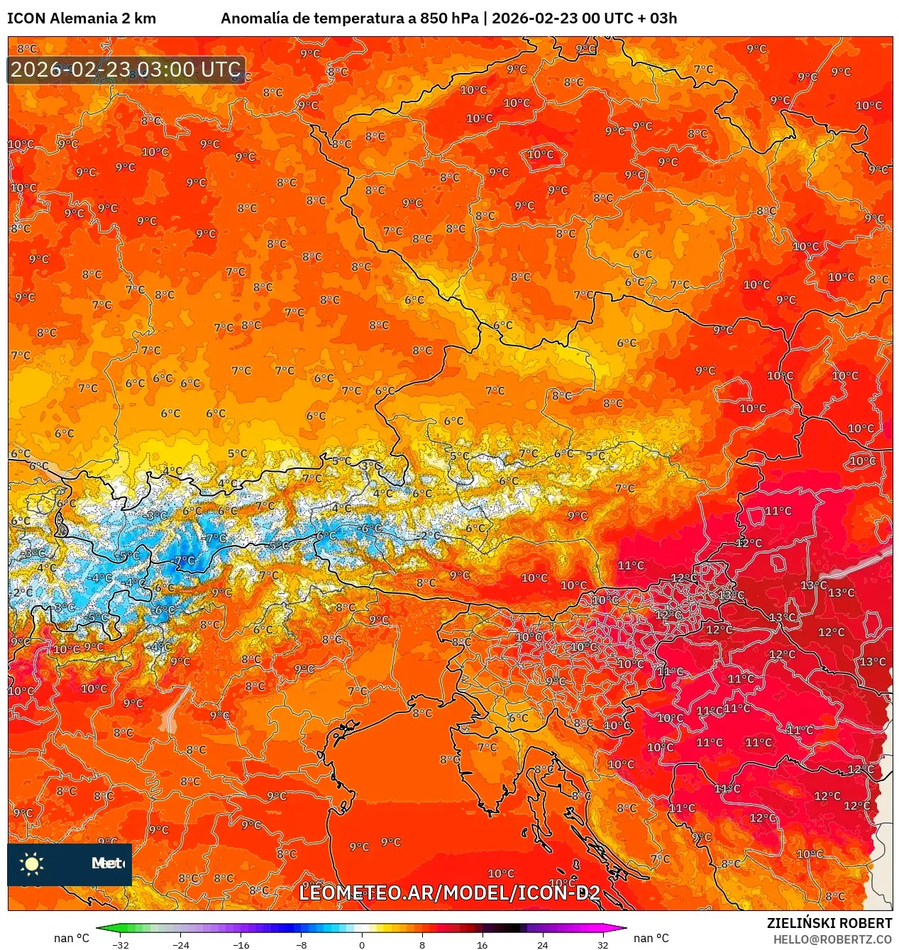 ICON Niemcy 2 km model - Austria, Anomalia temperatury na 850 hPa