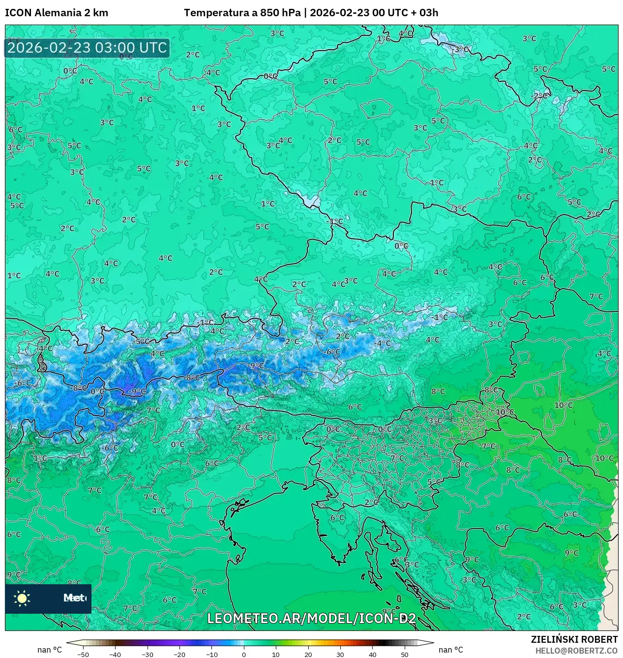ICON Niemcy 2 km model - Austria, Temperatura na 850 hPa