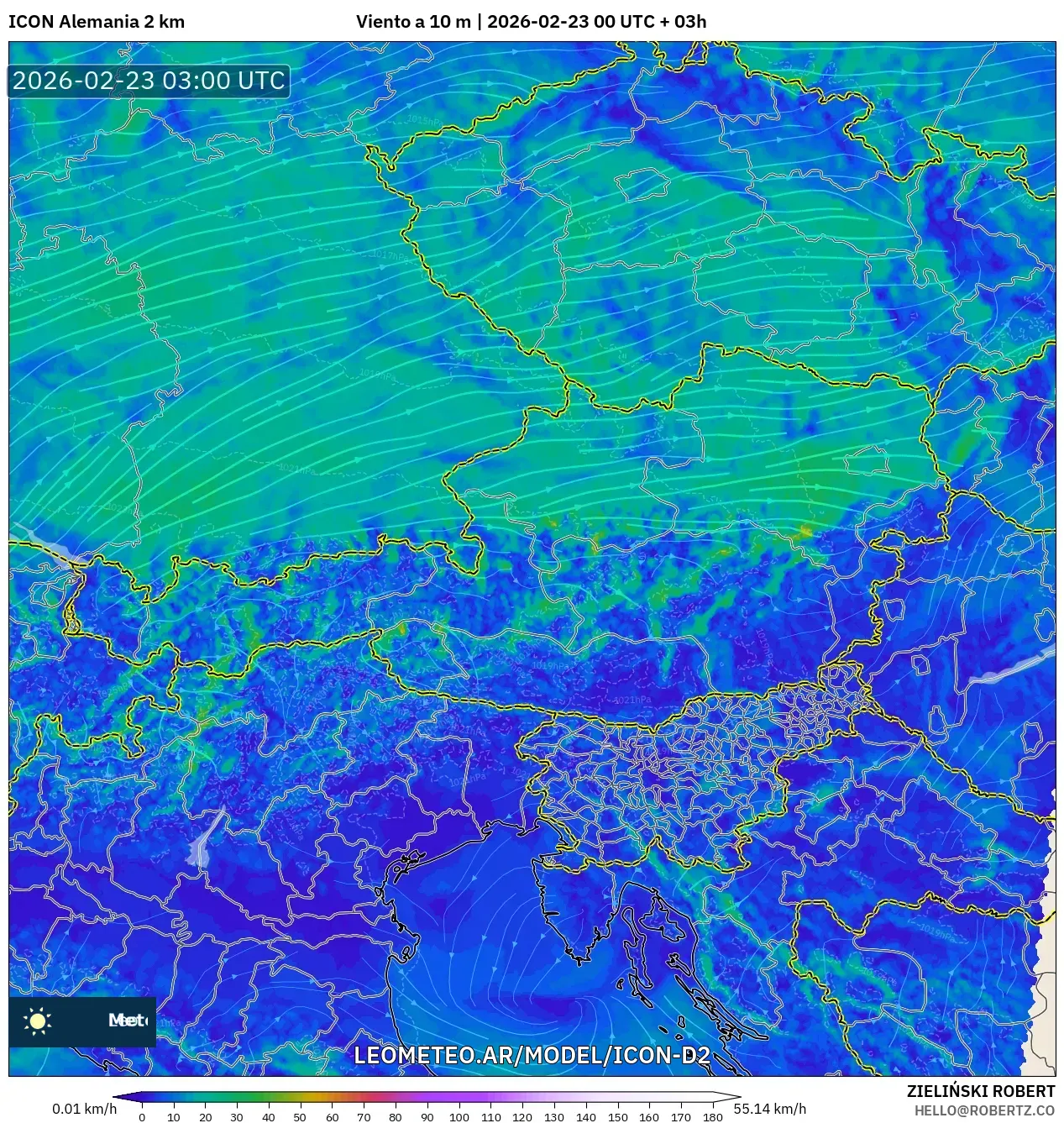 ICON Niemcy 2 km model - Austria, Wiatr na 10 m