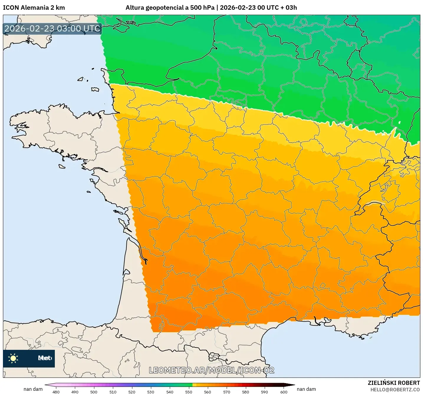 ICON Niemcy 2 km model - Francja, Wysokość geopotencjalna na poziomie 500 hPa