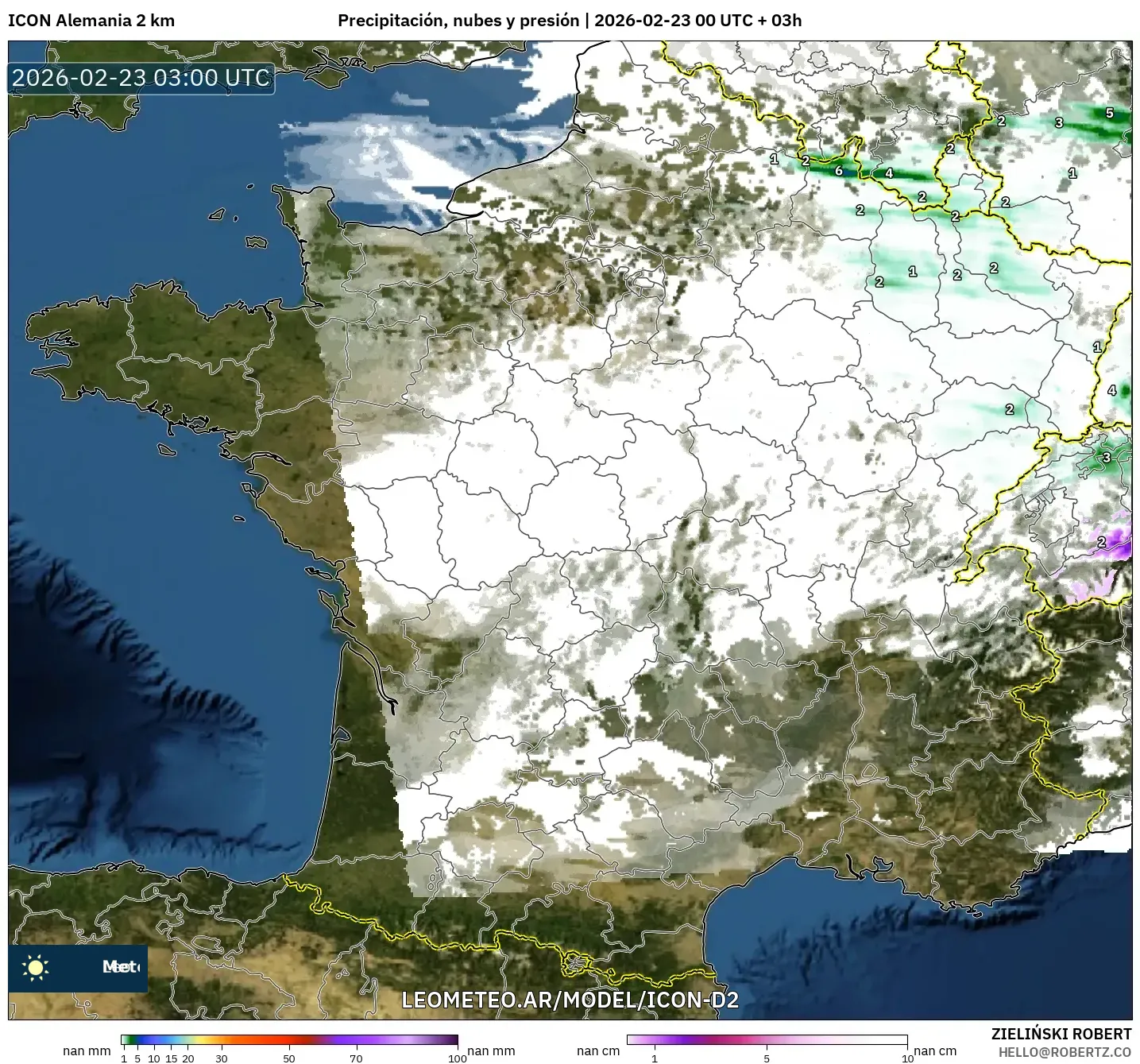 ICON Niemcy 2 km model - Francja, Opady, chmury i ciśnienie