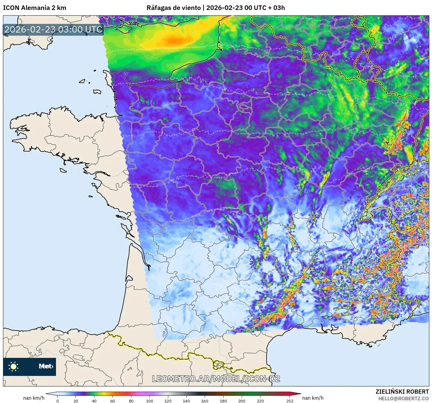 ICON Niemcy 2 km model - Francja, Porywy wiatru