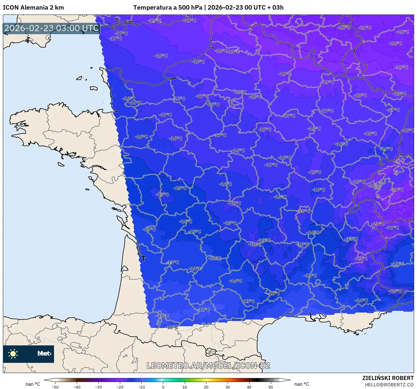 ICON Niemcy 2 km model - Francja, Temperatura na 500 hPa
