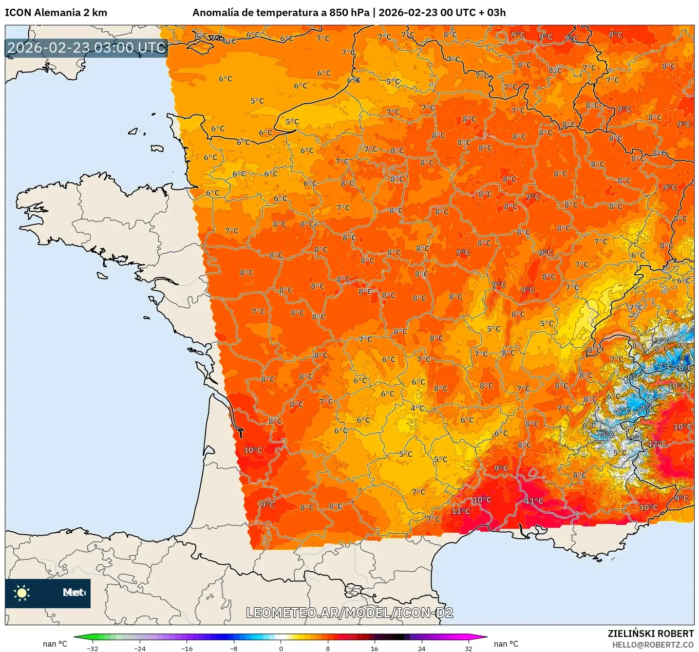 ICON Niemcy 2 km model - Francja, Anomalia temperatury na 850 hPa