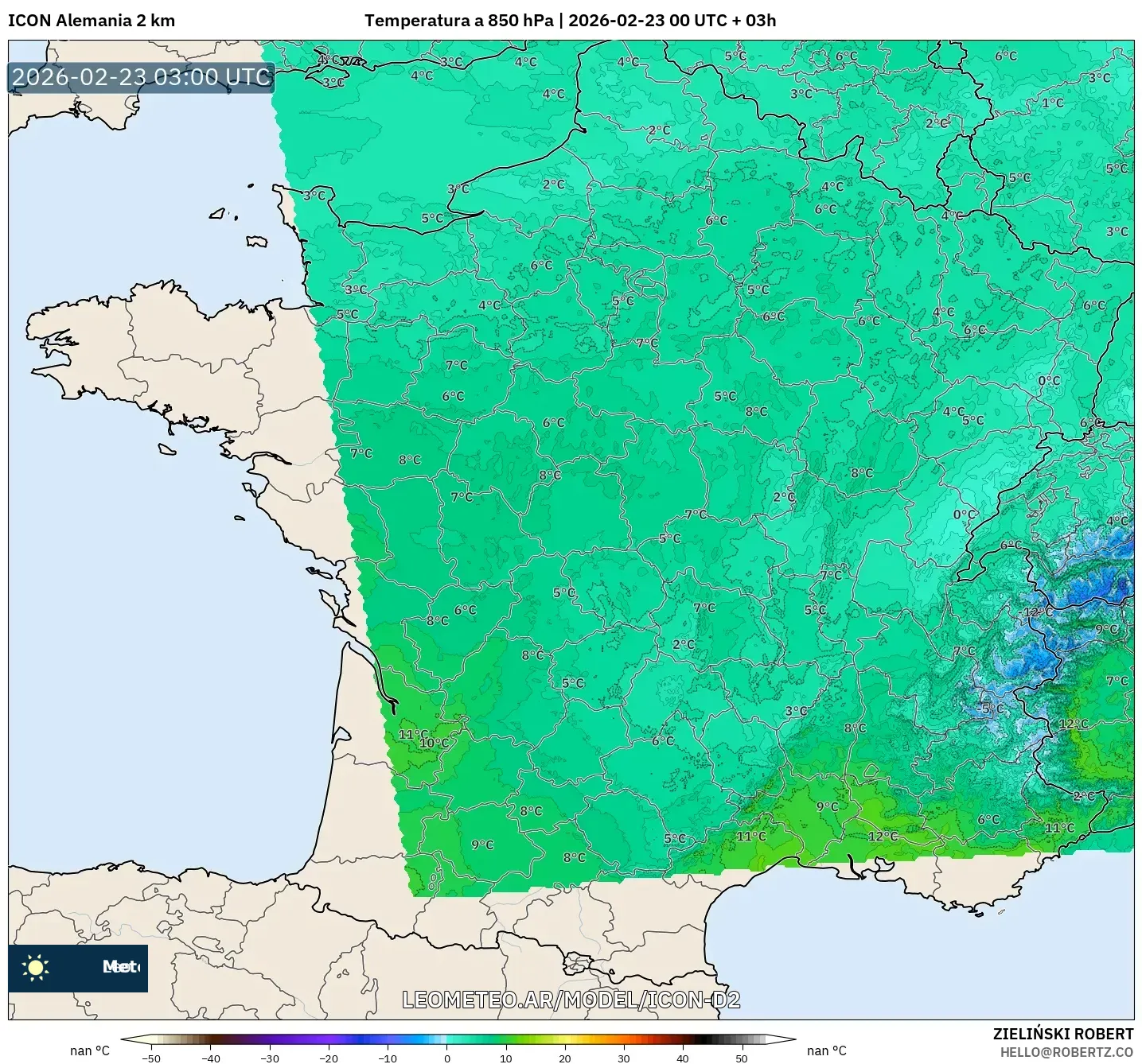 ICON Niemcy 2 km model - Francja, Temperatura na 850 hPa