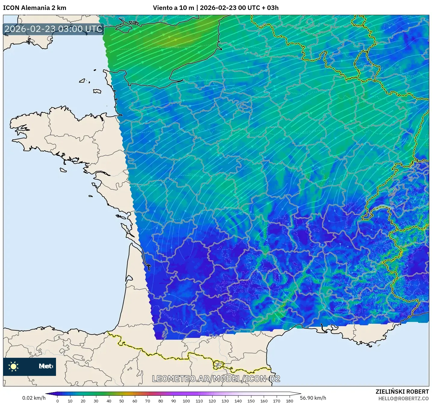 ICON Niemcy 2 km model - Francja, Wiatr na 10 m