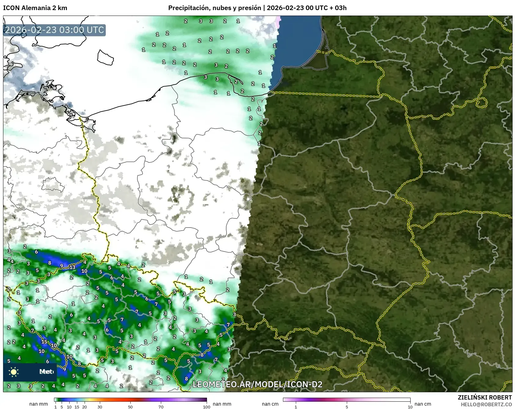 ICON Niemcy 2 km model - Polska, Opady, chmury i ciśnienie