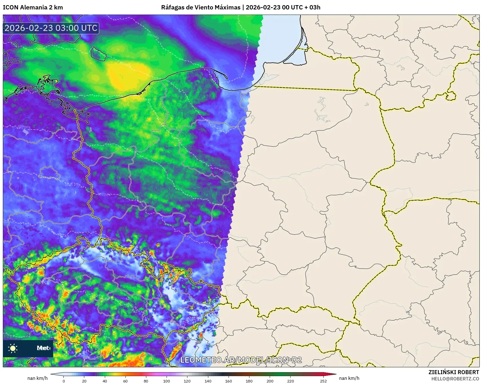 ICON Niemcy 2 km model - Polska, Maksymalne Porywy Wiatru