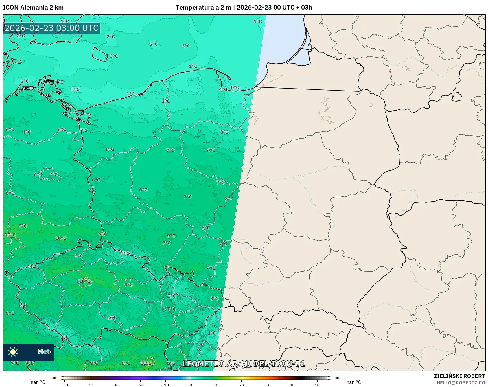 ICON Niemcy 2 km model - Polska, Temperatura na 2 m
