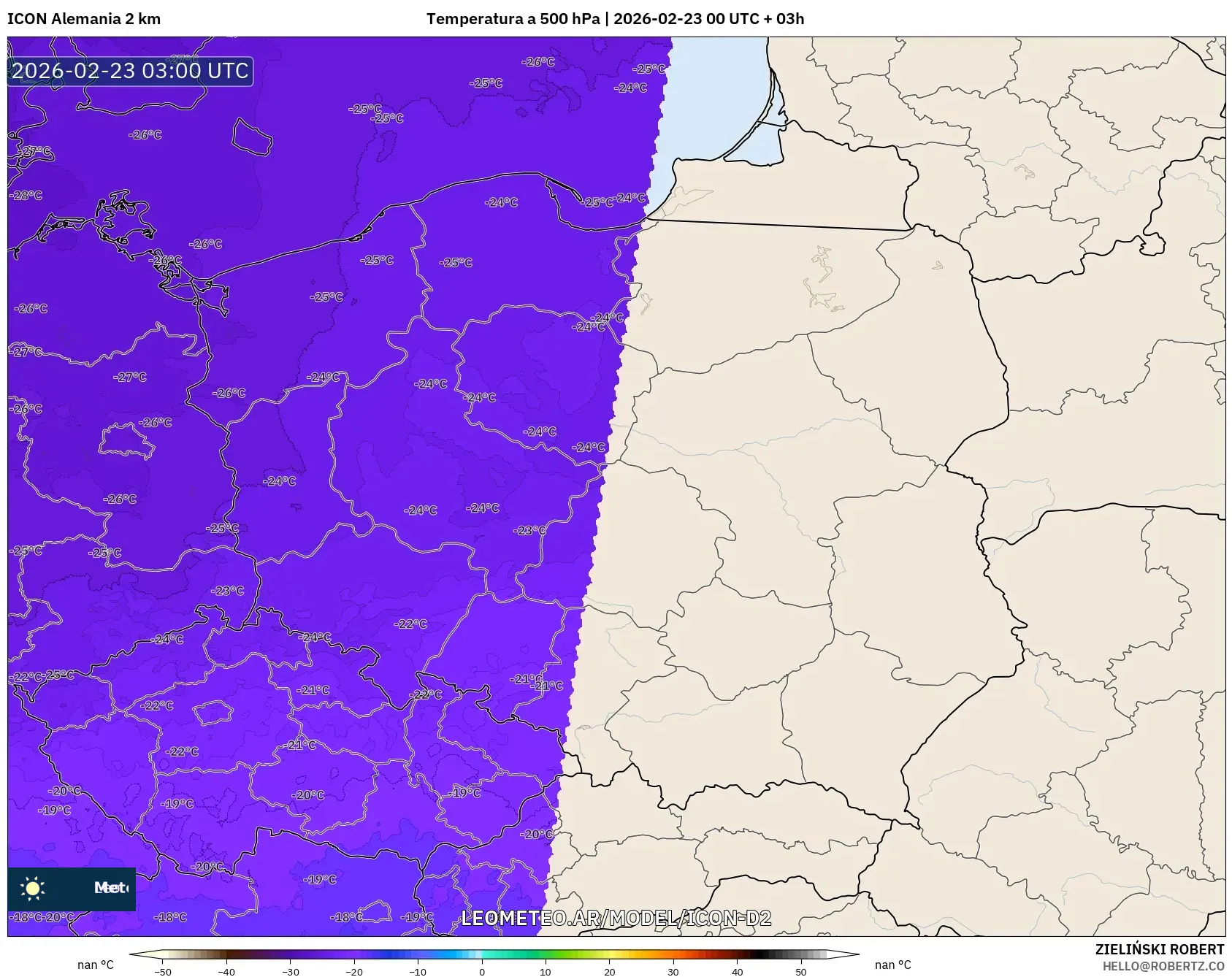 ICON Niemcy 2 km model - Polska, Temperatura na 500 hPa