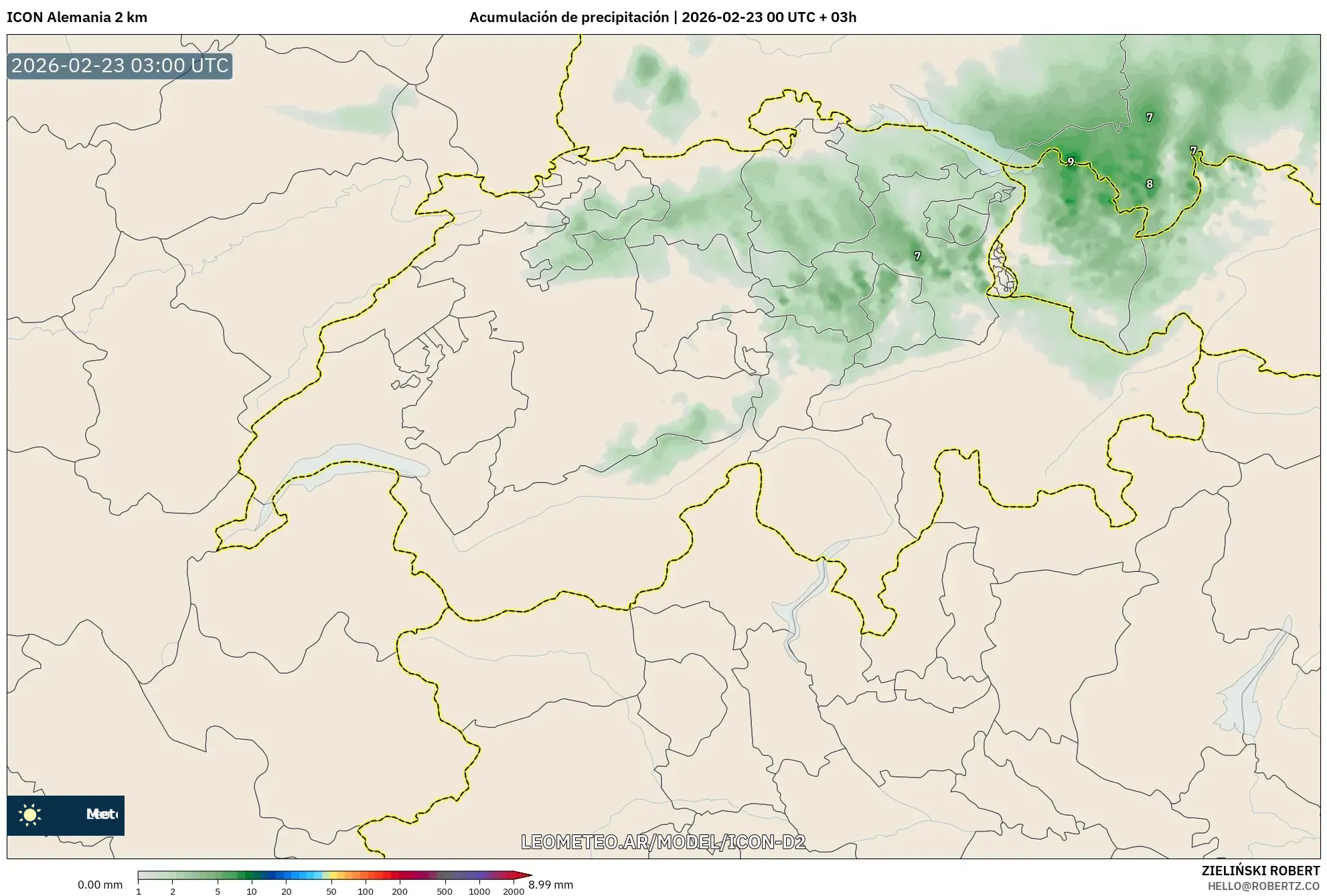 ICON Niemcy 2 km model - Szwajcaria, Suma opadów