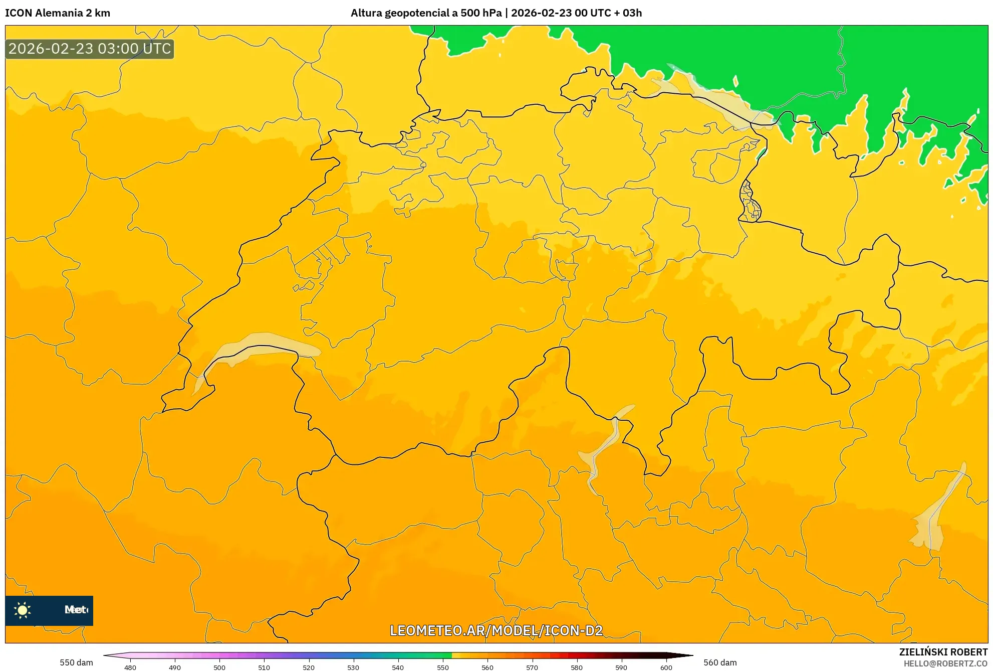ICON Niemcy 2 km model - Szwajcaria, Wysokość geopotencjalna na poziomie 500 hPa