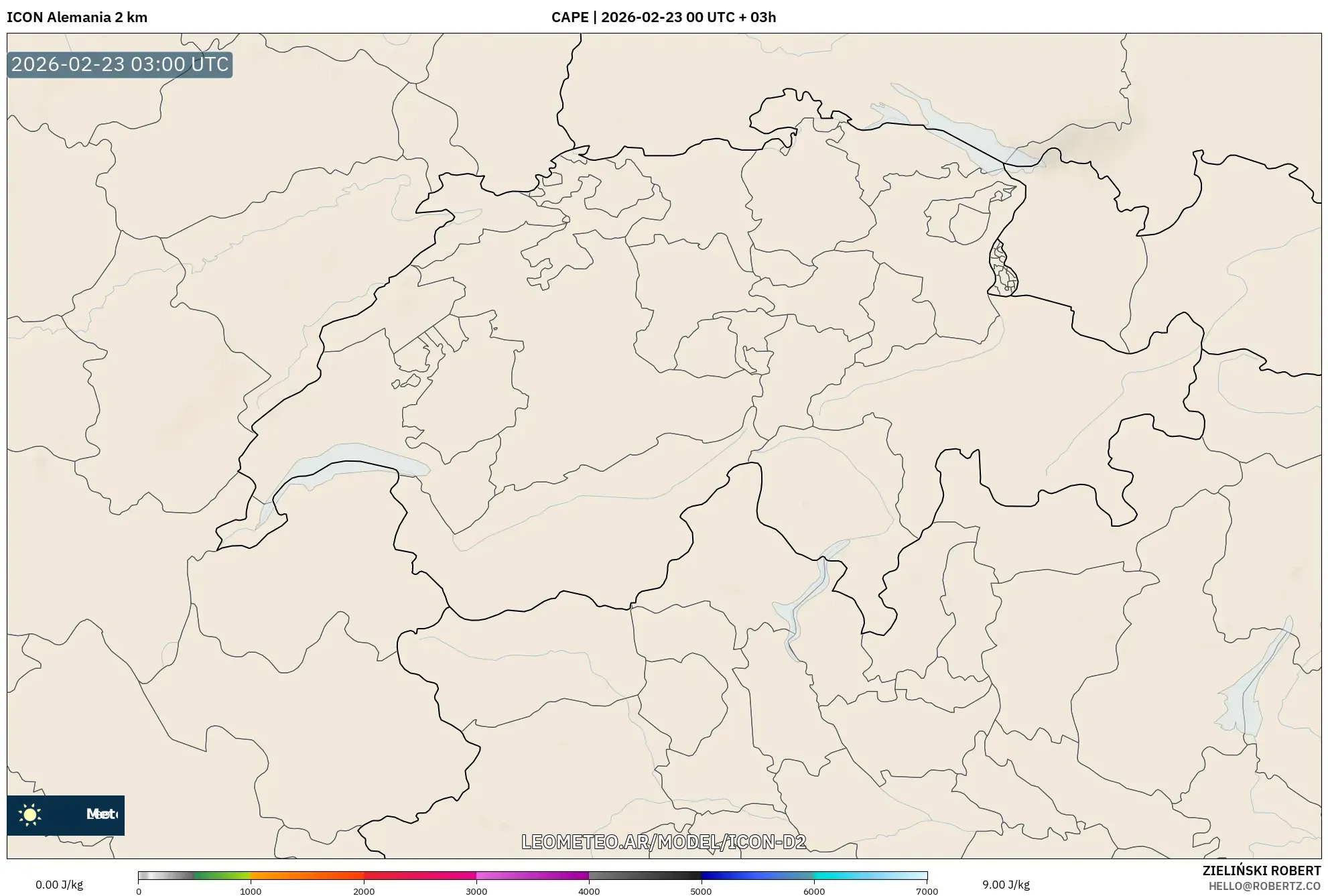 ICON Niemcy 2 km model - Szwajcaria, CAPE