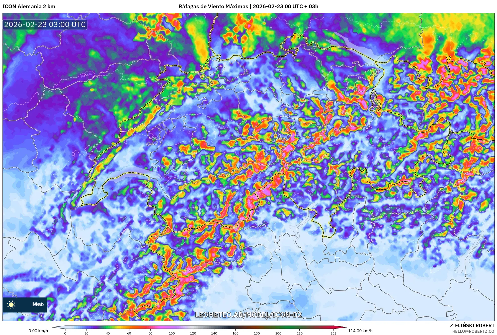 ICON Niemcy 2 km model - Szwajcaria, Maksymalne Porywy Wiatru