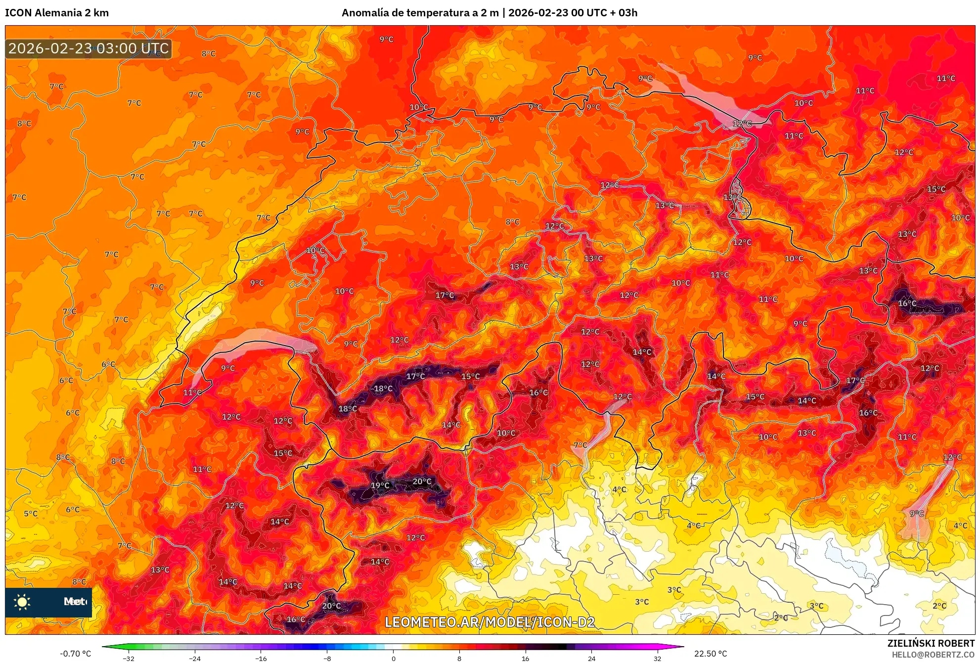 ICON Niemcy 2 km model - Szwajcaria, Anomalia temperatury na 2 m