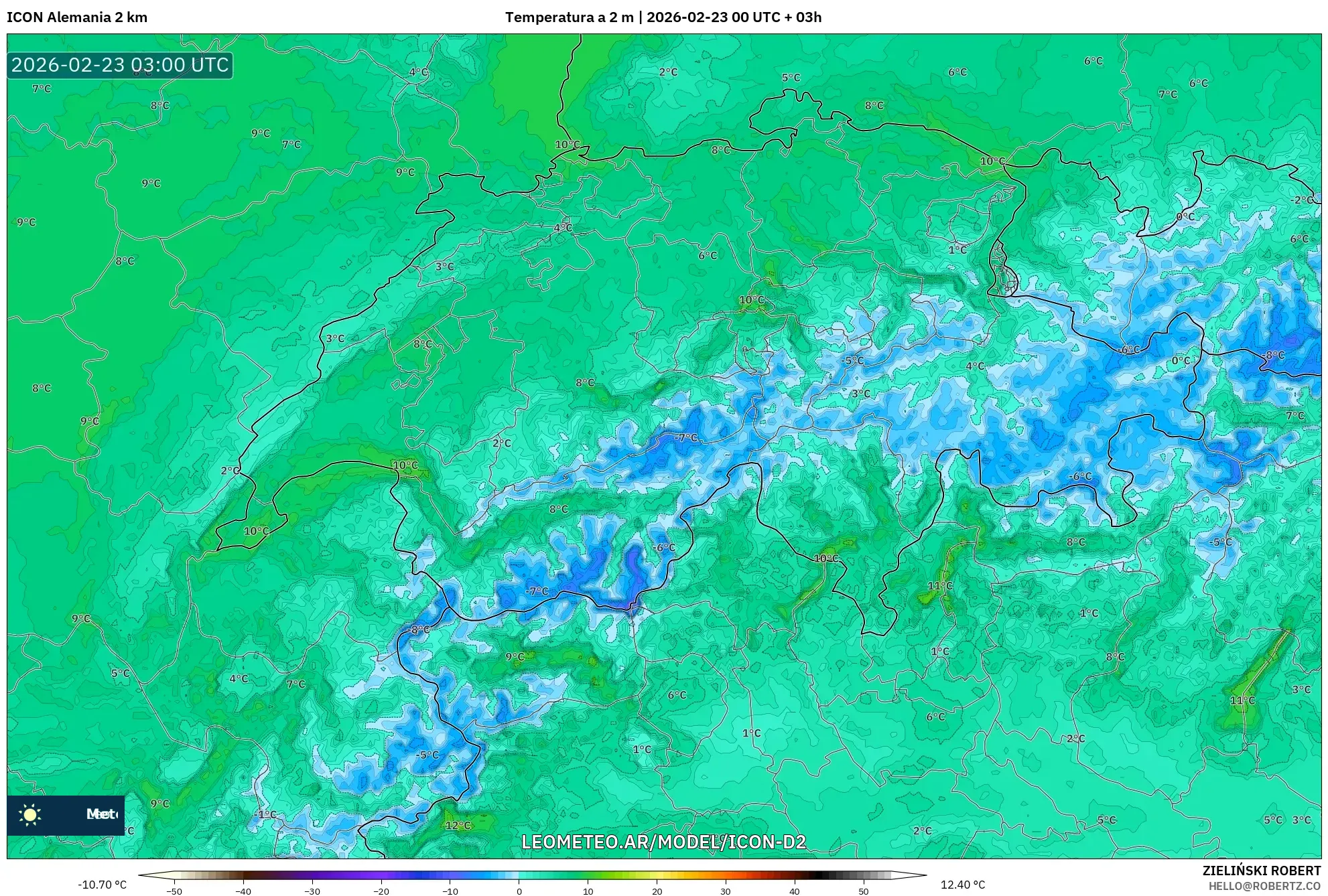 ICON Niemcy 2 km model - Szwajcaria, Temperatura na 2 m