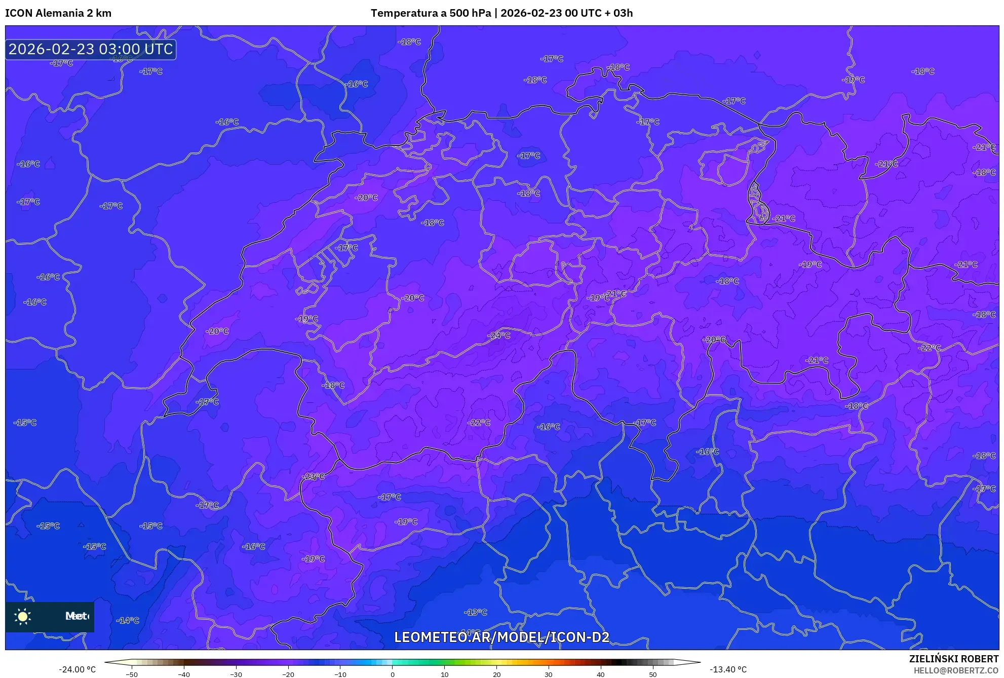 ICON Niemcy 2 km model - Szwajcaria, Temperatura na 500 hPa