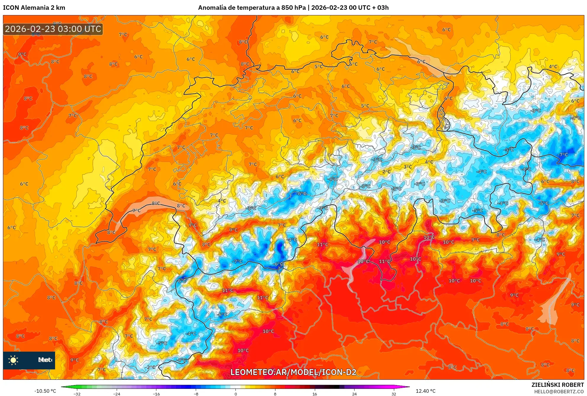 ICON Niemcy 2 km model - Szwajcaria, Anomalia temperatury na 850 hPa