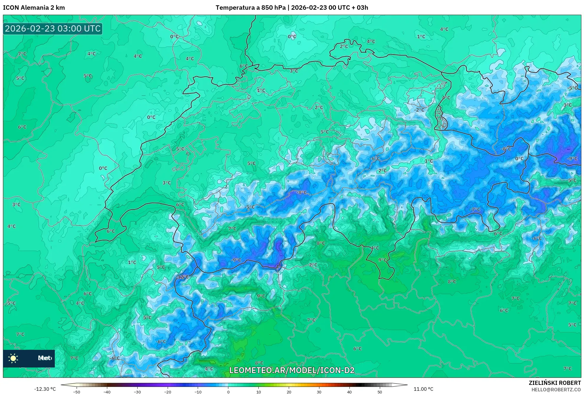 ICON Niemcy 2 km model - Szwajcaria, Temperatura na 850 hPa