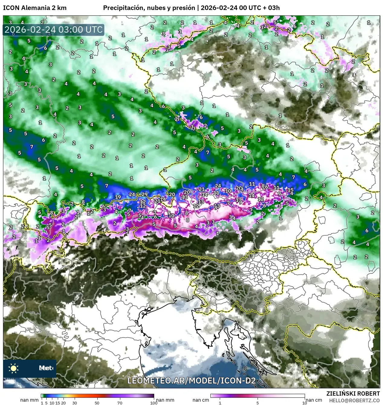 ICON Alemania 2 km model - Austria, Precipitación, nubes y presión
