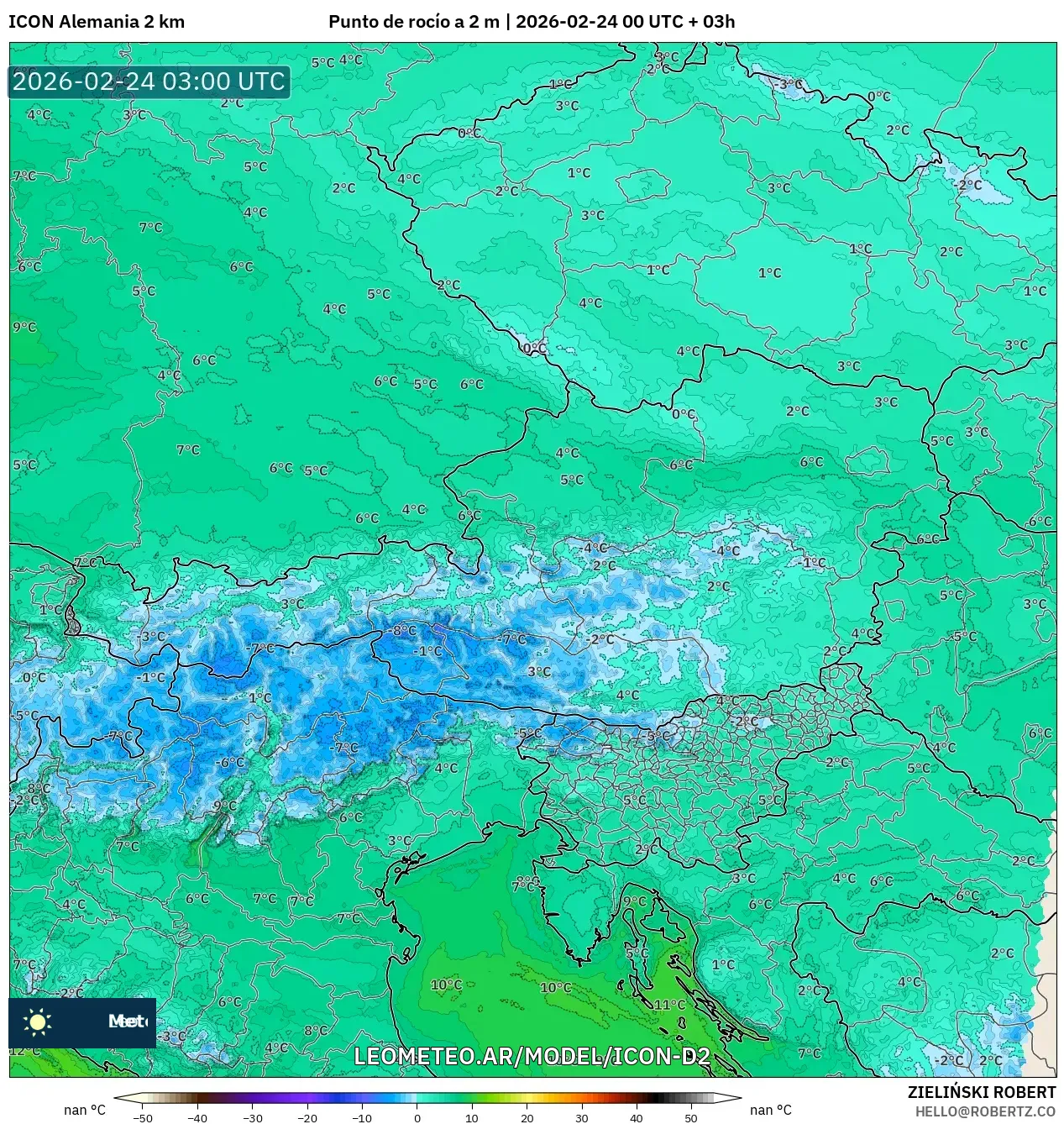 ICON Alemania 2 km model - Austria, Punto de rocío a 2 m
