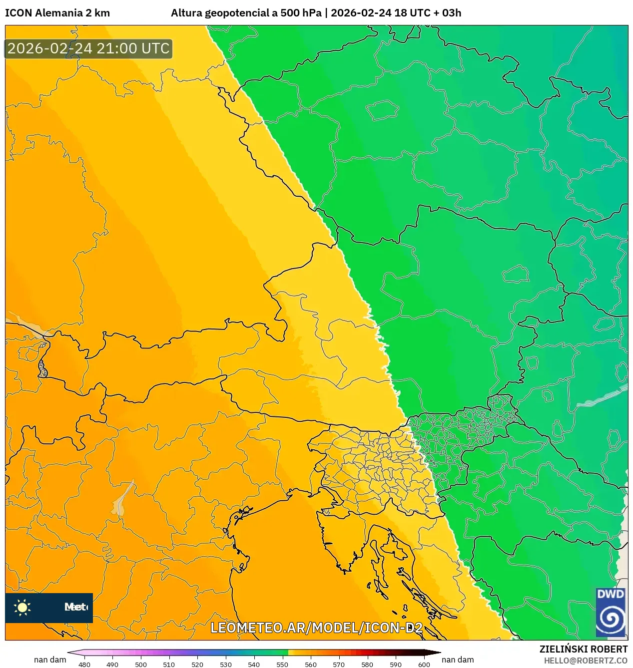 ICON Alemania 2 km model - Austria, Altura geopotencial a 500 hPa