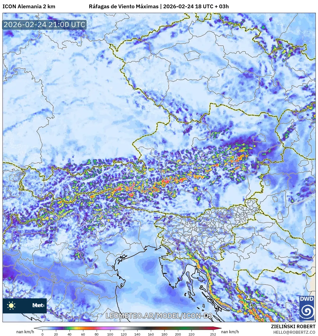 ICON Alemania 2 km model - Austria, Ráfagas de Viento Máximas