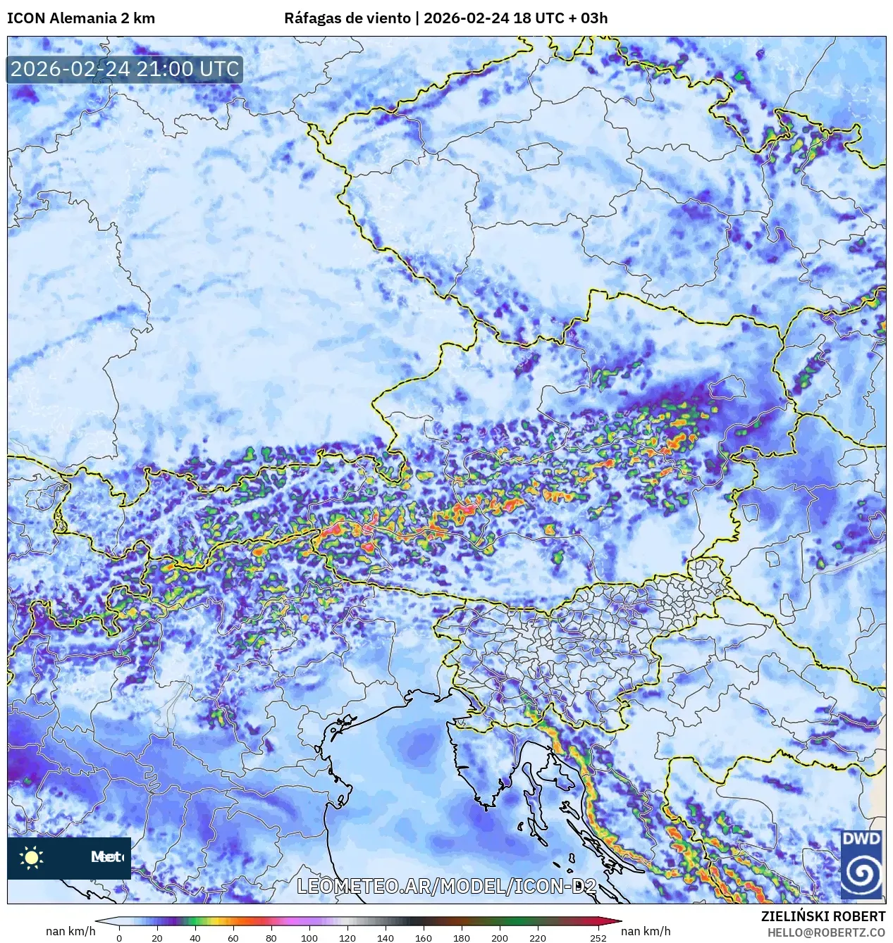 ICON Alemania 2 km model - Austria, Ráfagas de viento