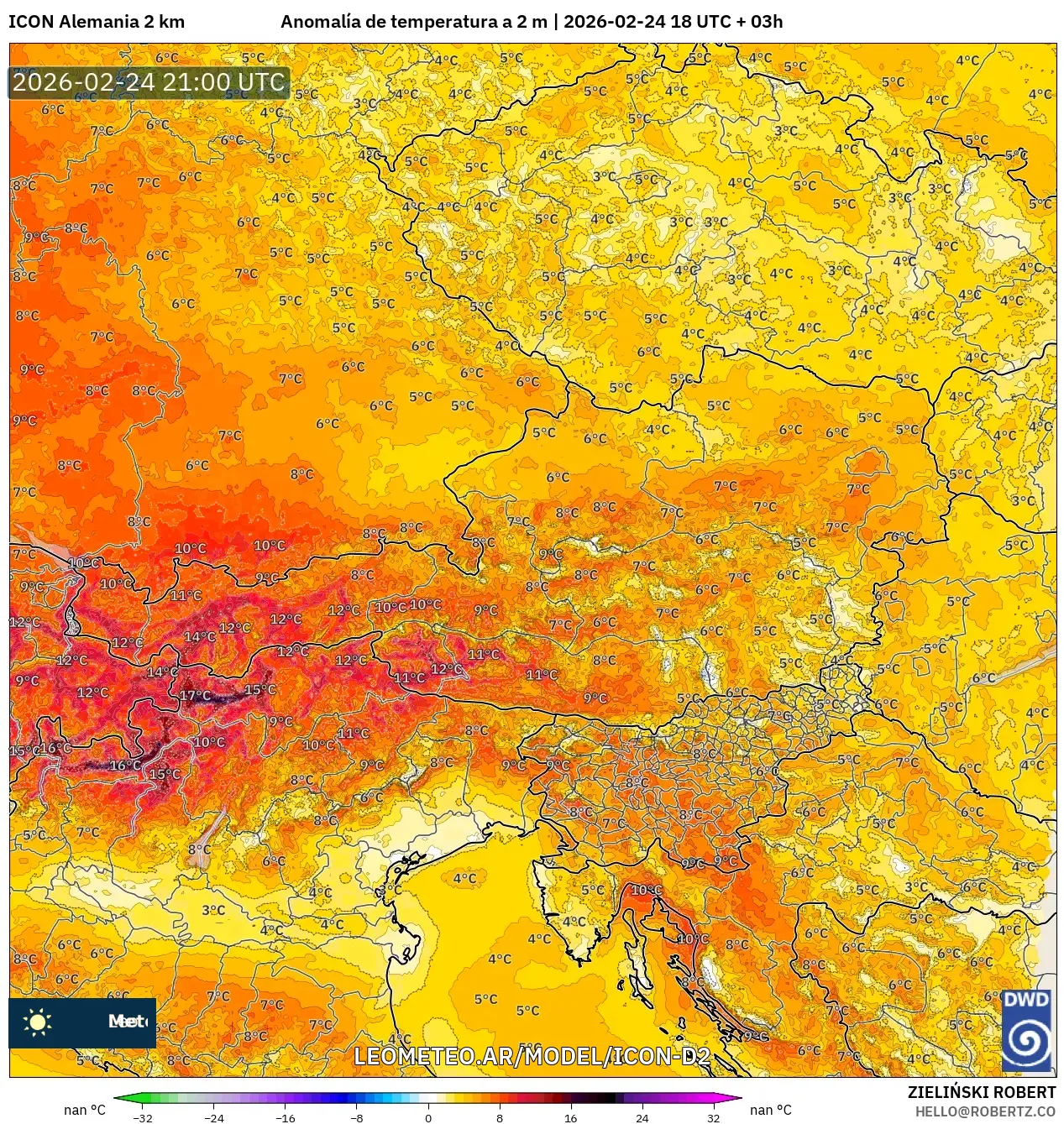 ICON Alemania 2 km model - Austria, Anomalía de temperatura a 2 m