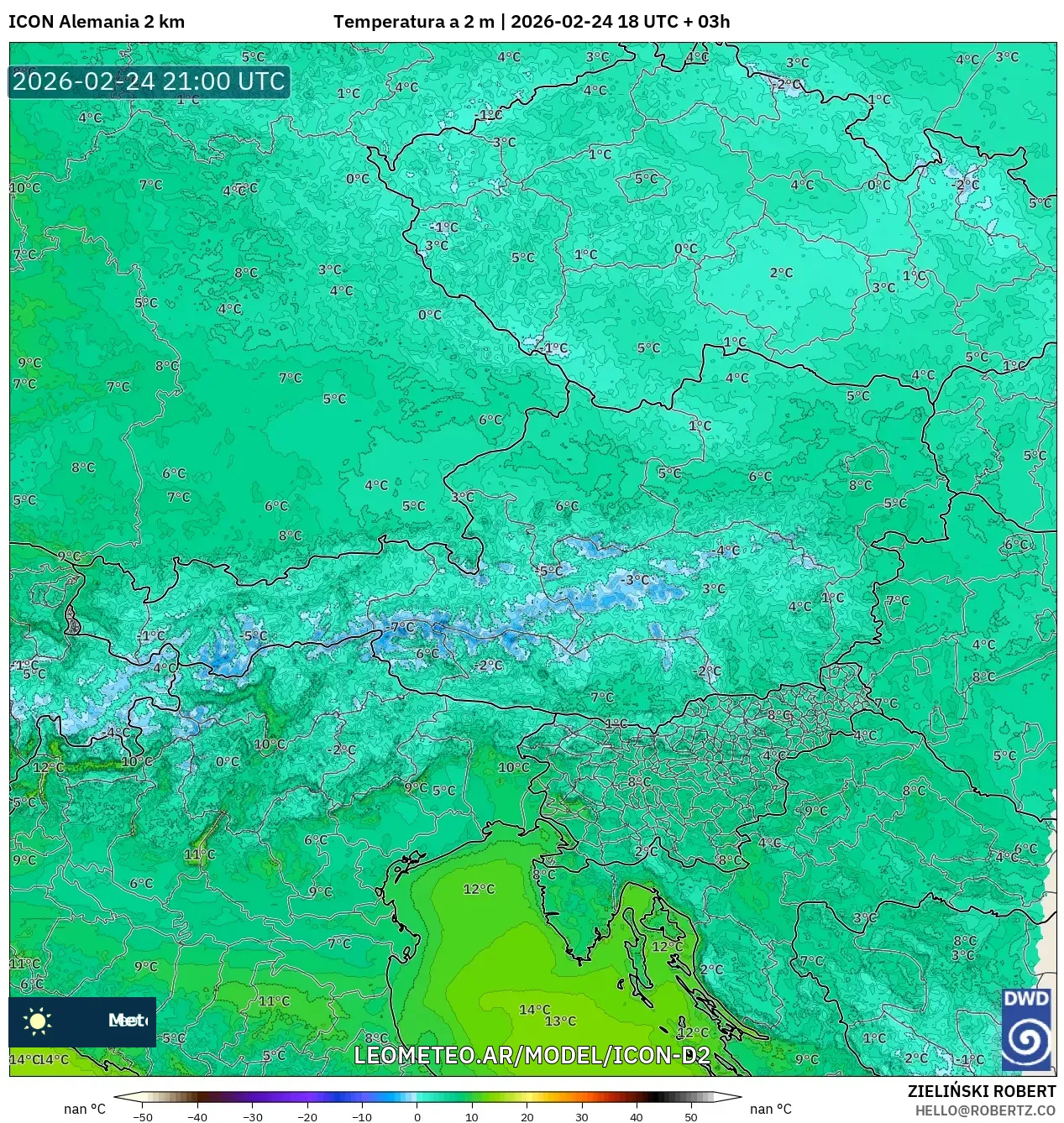 ICON Alemania 2 km model - Austria, Temperatura a 2 m