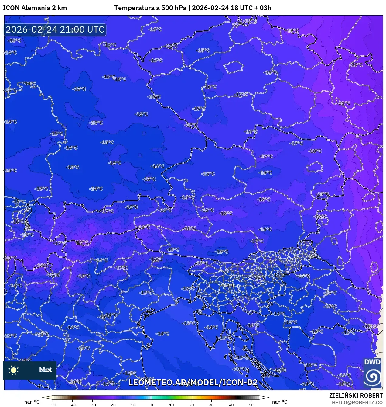 ICON Alemania 2 km model - Austria, Temperatura a 500 hPa