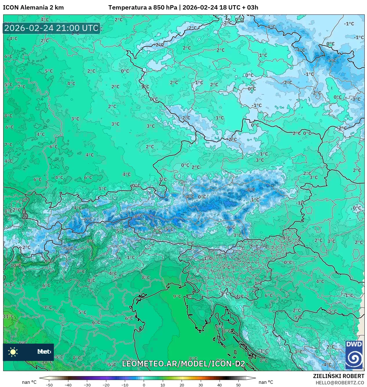 ICON Alemania 2 km model - Austria, Temperatura a 850 hPa
