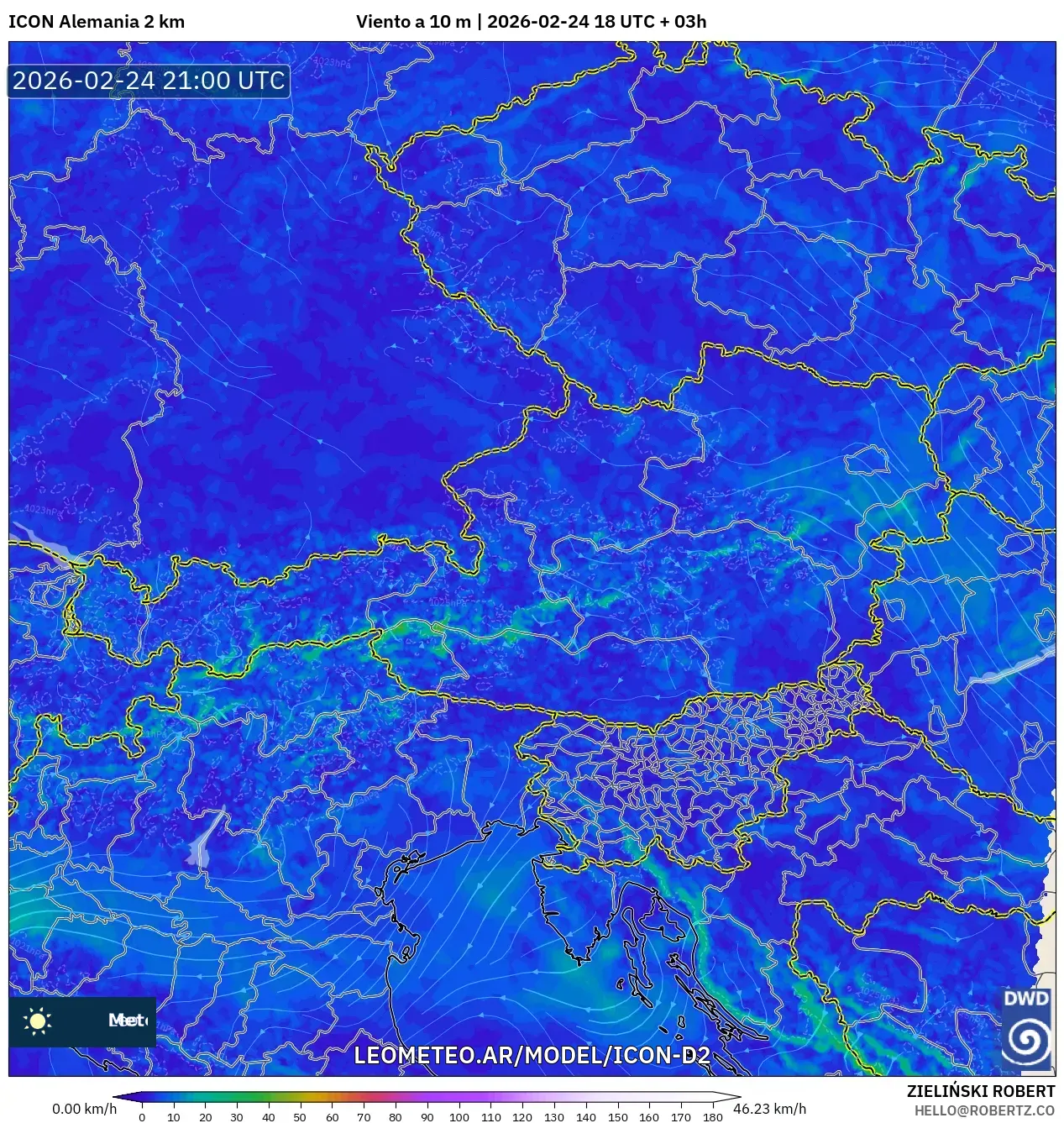 ICON Alemania 2 km model - Austria, Viento a 10 m