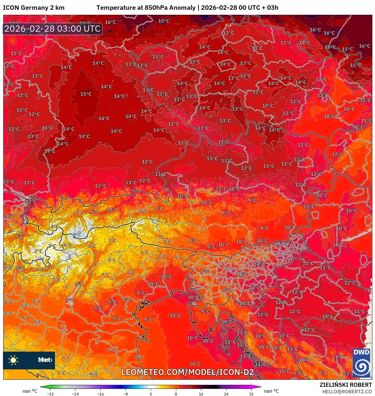 ICON Alemania 2 km model - Austria, Anomalía de temperatura a 850 hPa