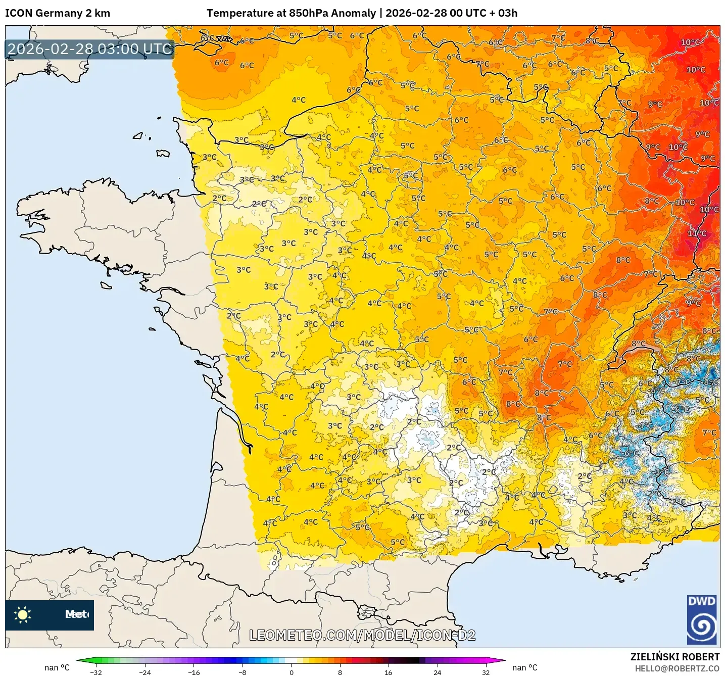 ICON Alemania 2 km model - Francia, Anomalía de temperatura a 850 hPa