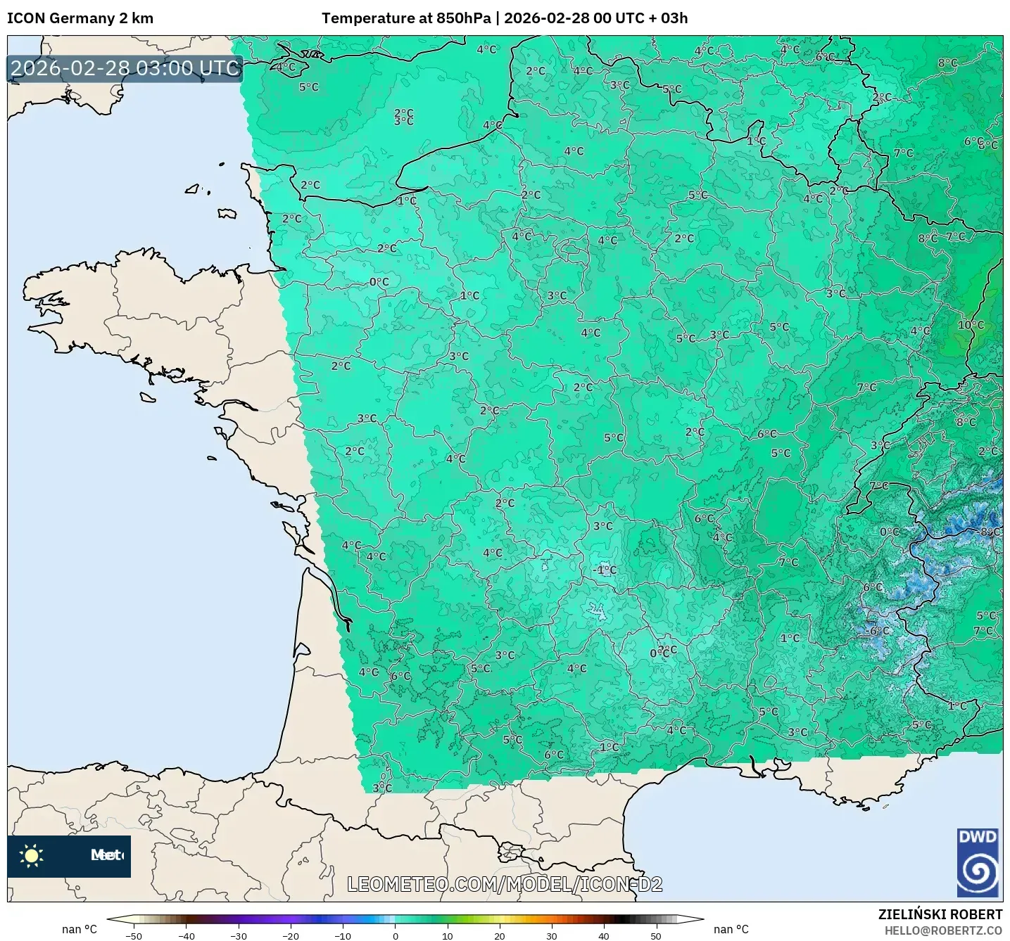 ICON Alemania 2 km model - Francia, Temperatura a 850 hPa