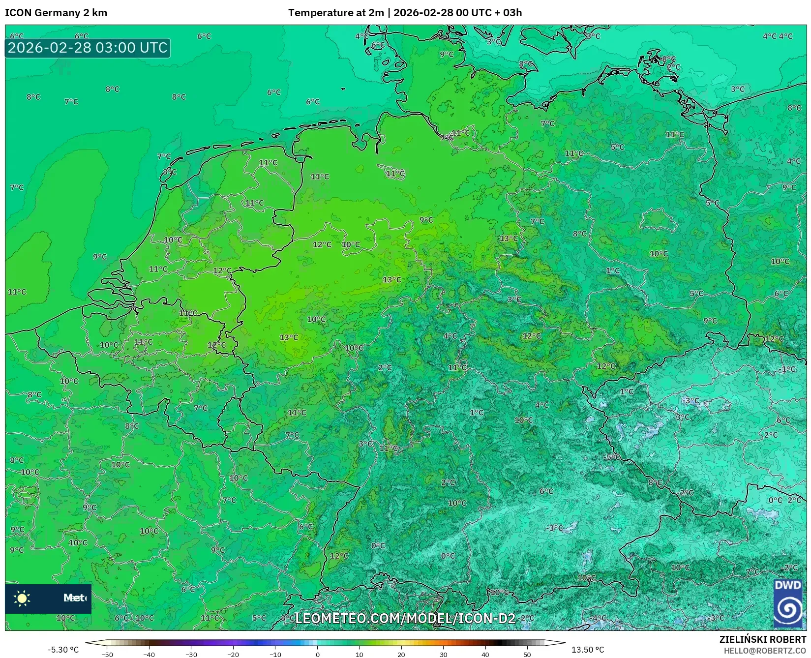 ICON Alemania 2 km model - Alemania, Temperatura a 2 m