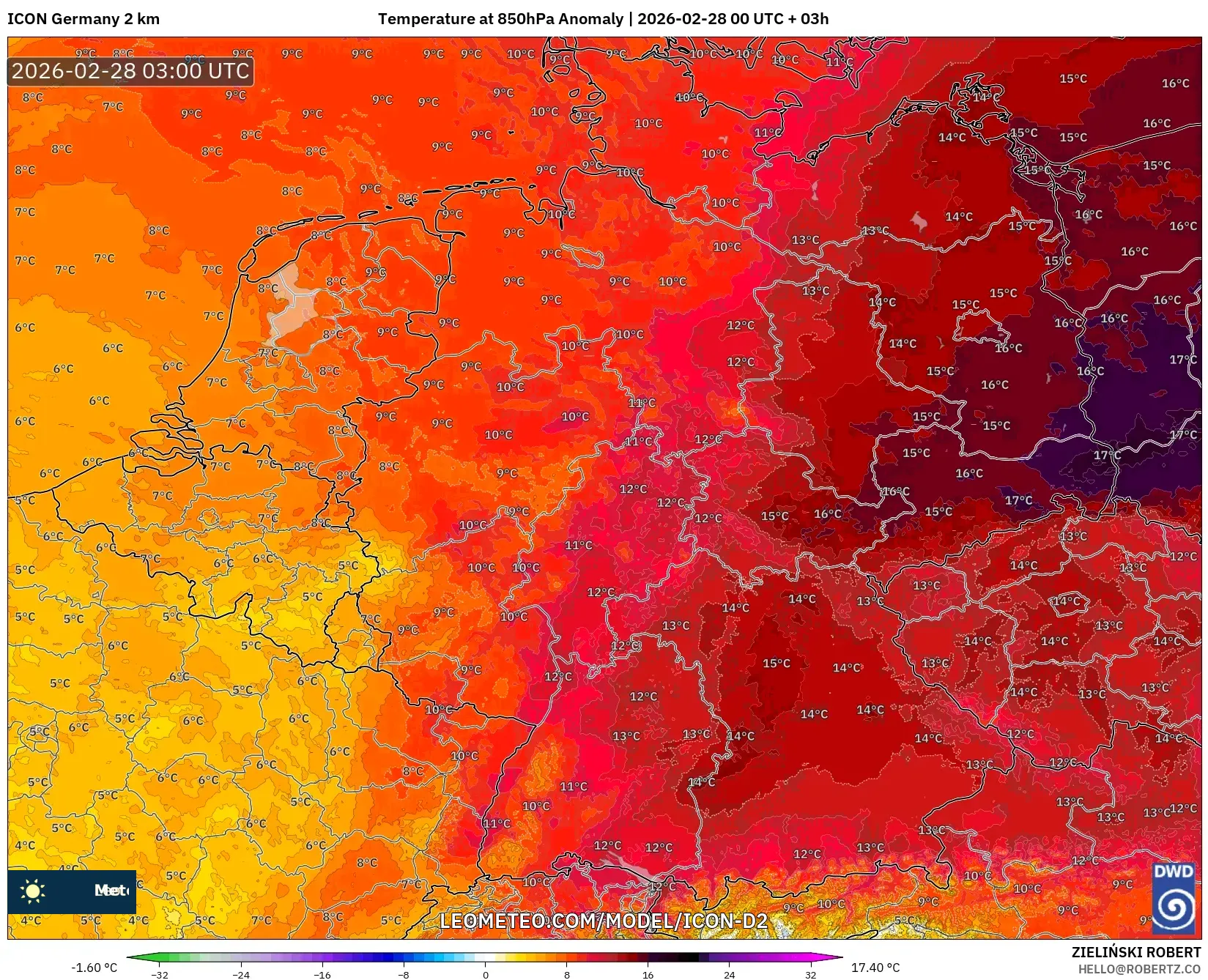 ICON Alemania 2 km model - Alemania, Anomalía de temperatura a 850 hPa